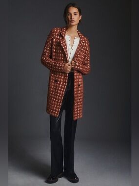 Anthropologie NVLT Double Breasted Sweater Coat Dark Orange Houndstooth